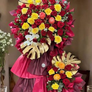 Kệ Hoa Khai Trương Tone Đỏ Mix Sắc Vàng May Mắn – CM161